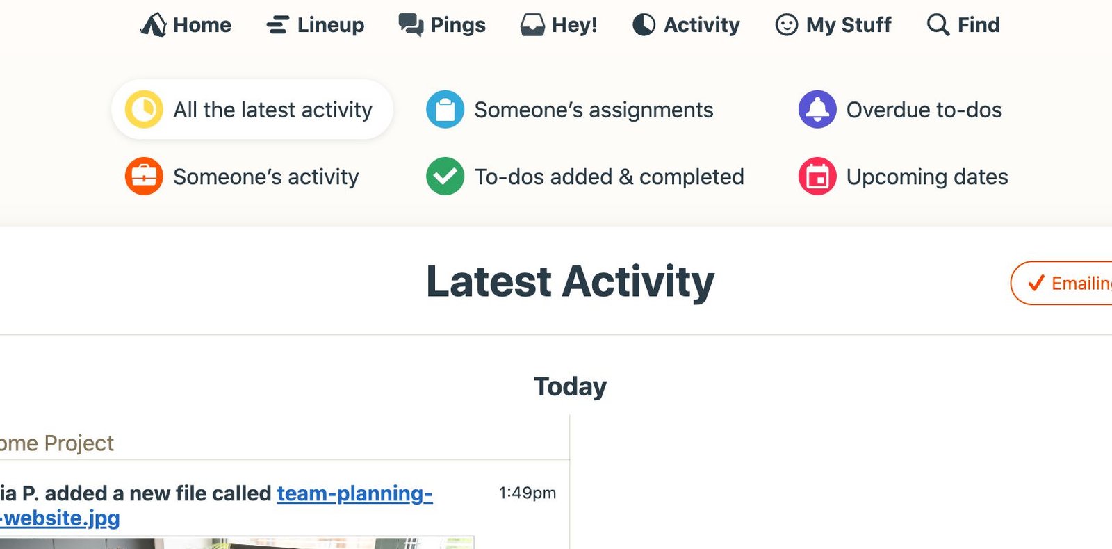 Activity tab of Basecamp