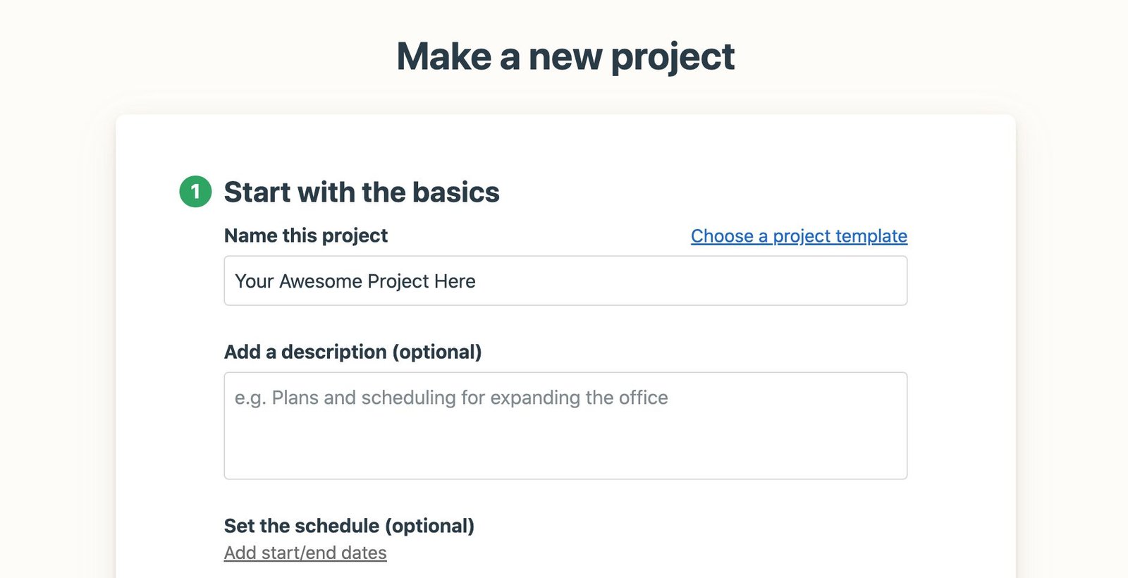 Image of creating a project on Basecamp
