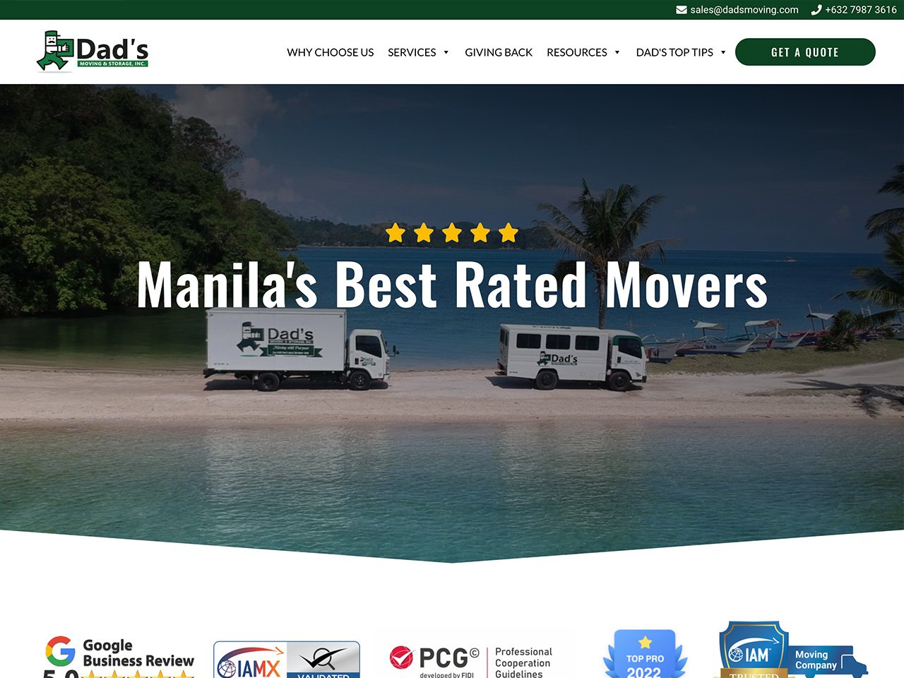 Portfolio image of Dadsmoving website. A service-type web design project of Egoy Magnaye