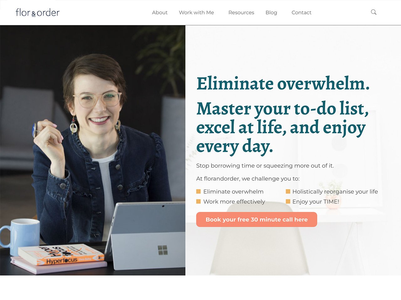 Portfolio image of Flor and Order website, a coaching web design project.
