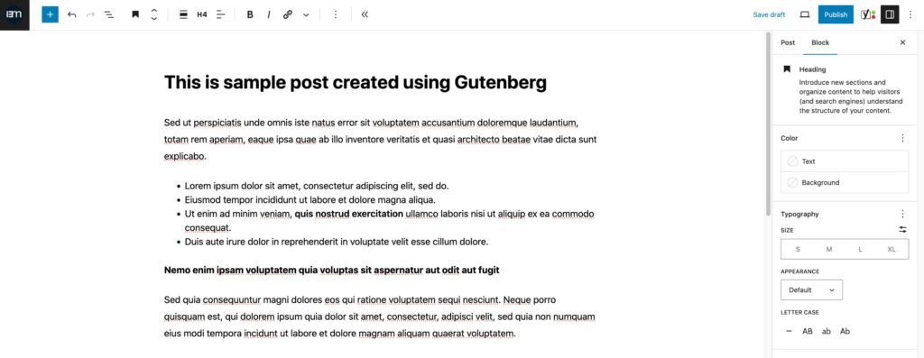 Image of creating a sample blog post using Gutenberg.