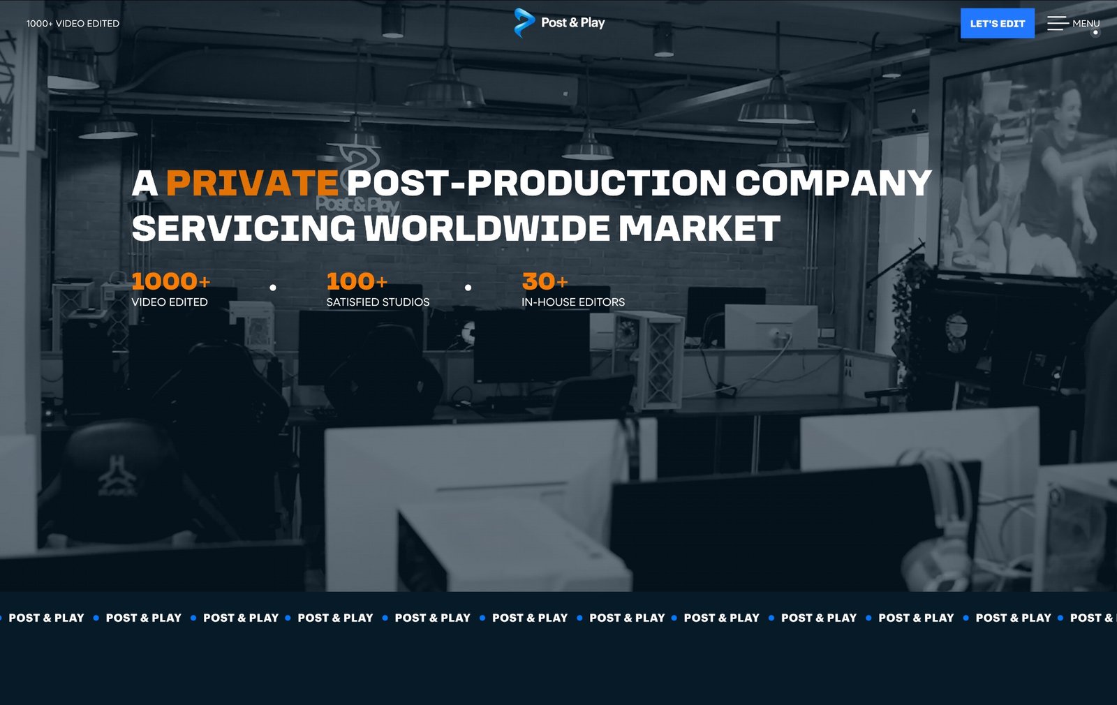 Hero design of Post & Play website, a video production studio