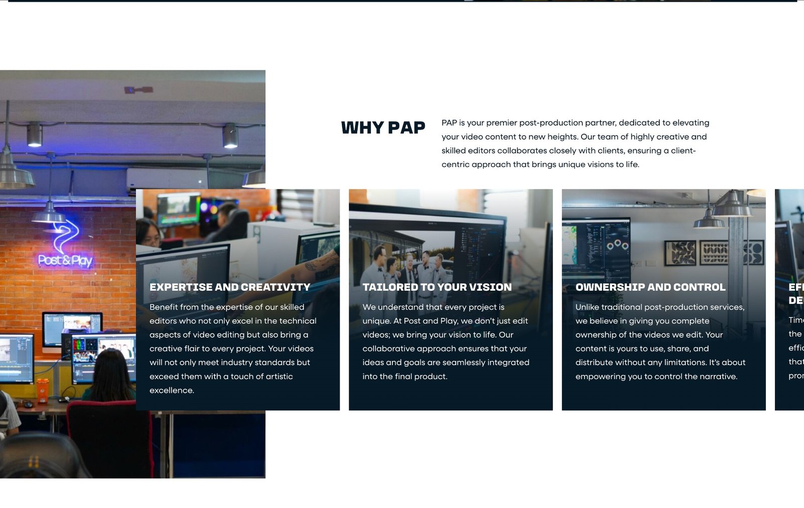 Website design layout of Why Choose section of Post & Play, a video production studio