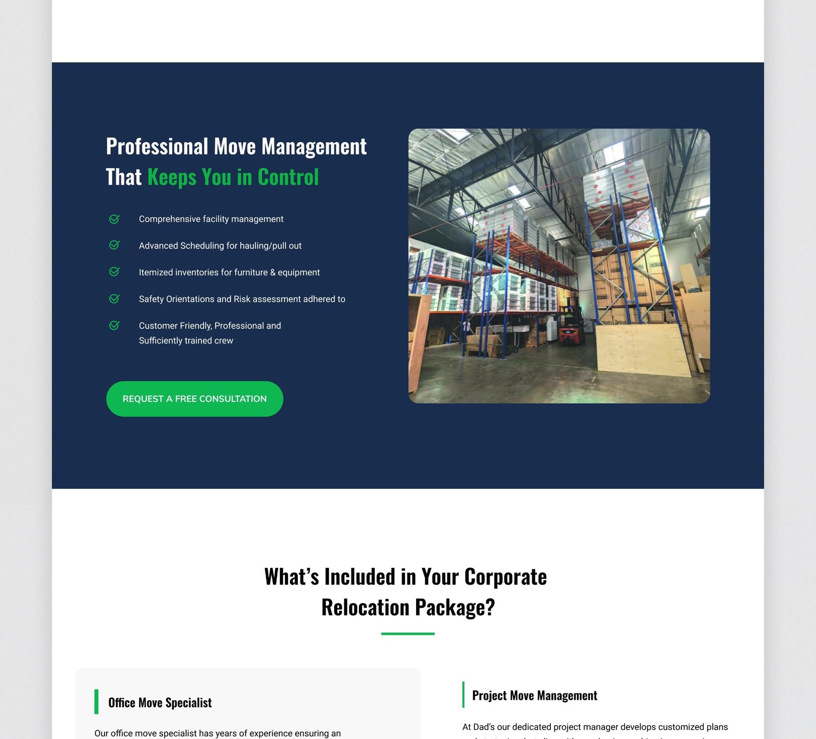 Image of Dad's Moving landing page web design (slice - 4). This is a moving and logistic company.