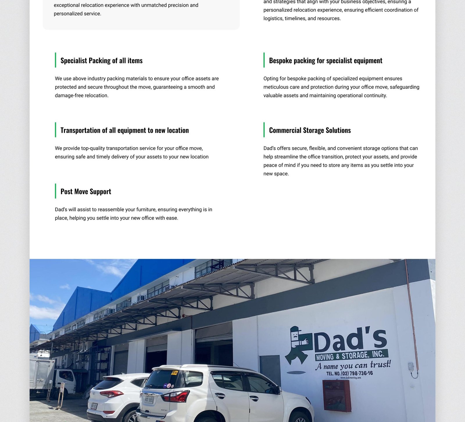 Image of Dad's Moving landing page web design (slice - 5). This is a moving and logistic company.