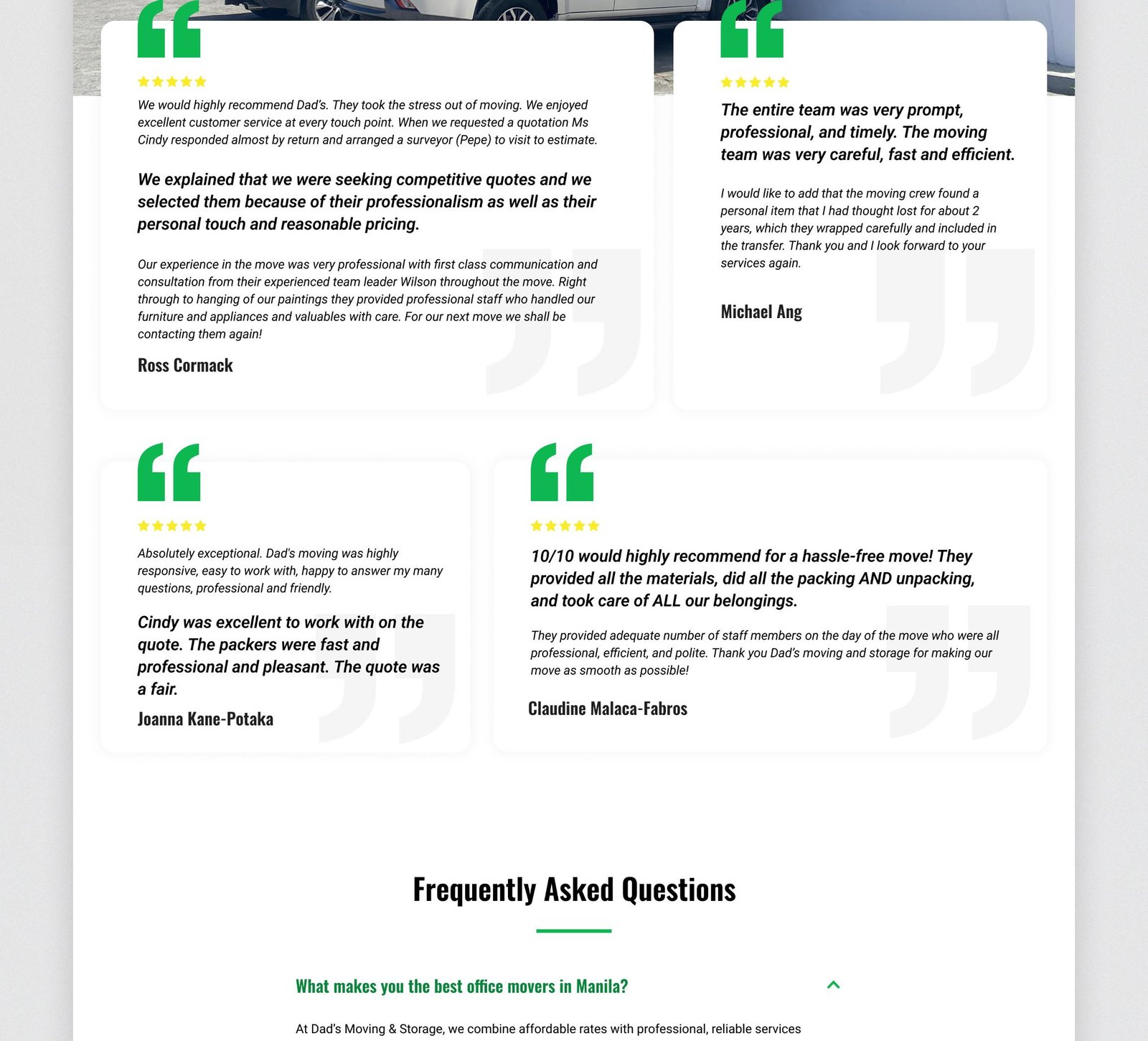 Image of Dad's Moving landing page web design (slice - 6). This is a moving and logistic company.