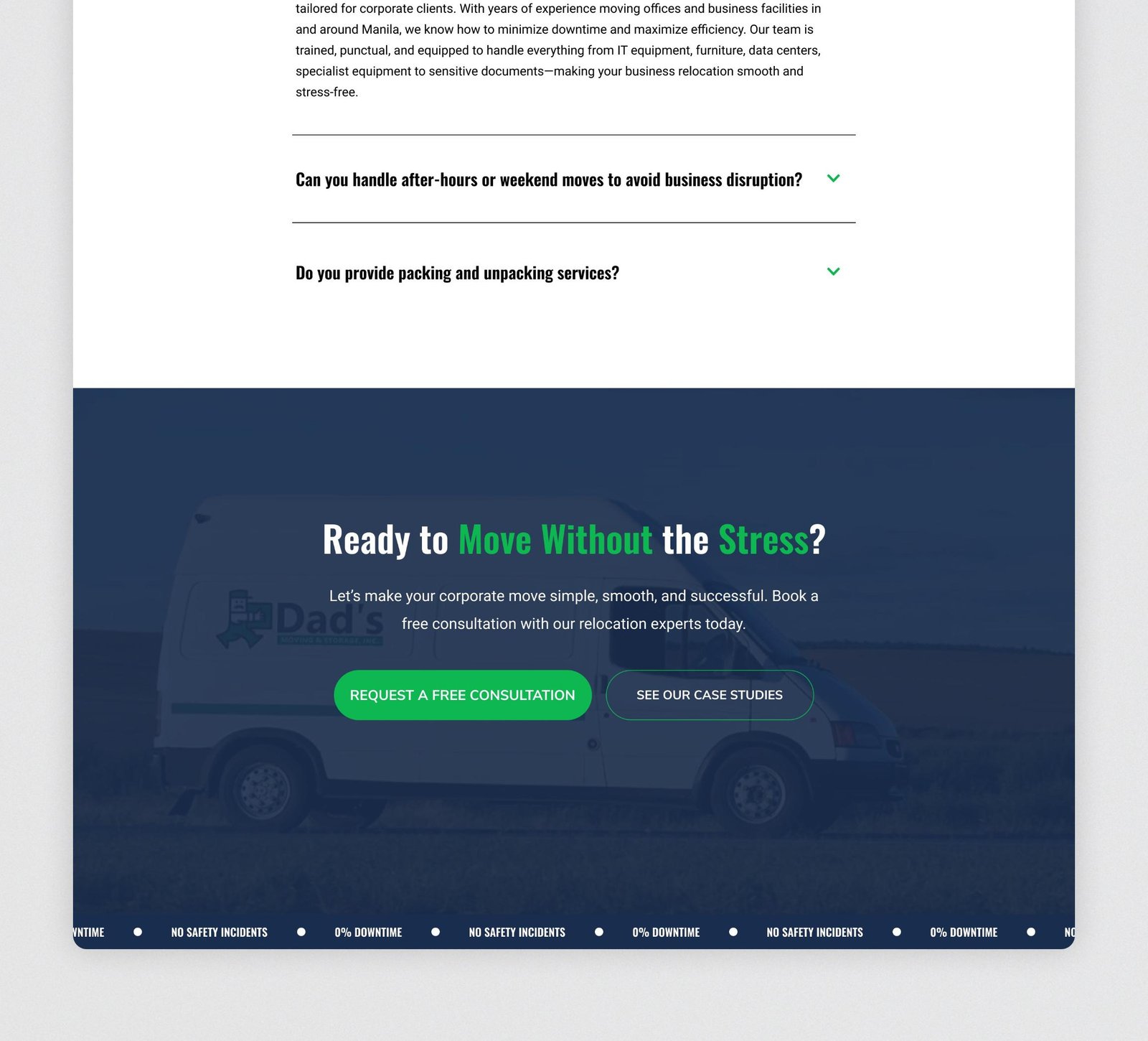 Image of Dad's Moving landing page web design (slice - 7). This is a moving and logistic company.